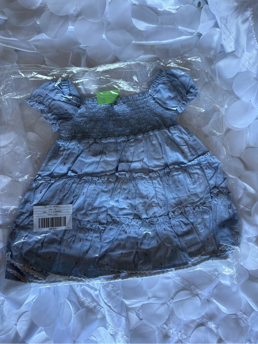 Janie and Jack Light Blue Smocked Tiered Cotton Dress with Tiny Red Dot Accents